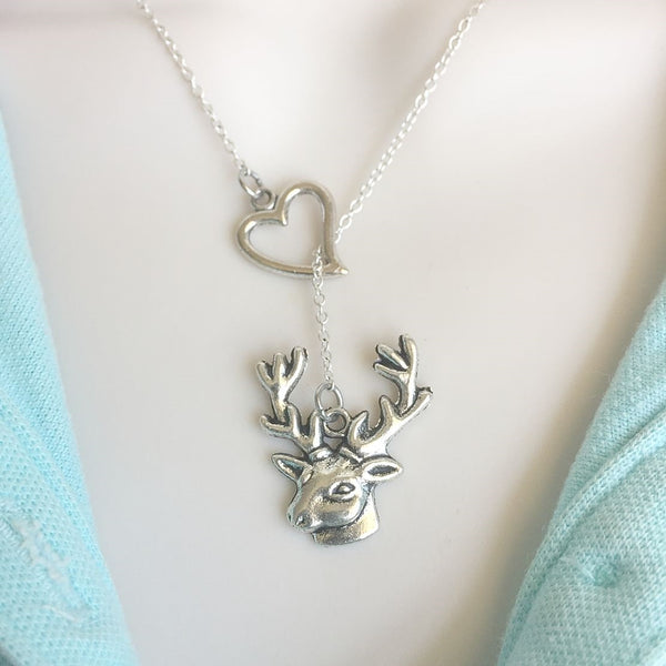 HUNTER FANS: Deer Head Silver Lariat Y Necklace.
