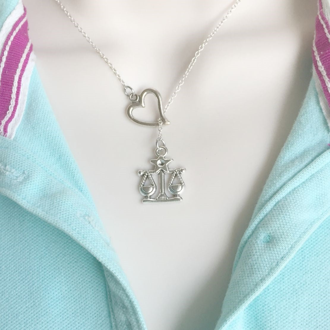 SCALE OF JUSTICE Charm Silver Lariat Y Necklace.