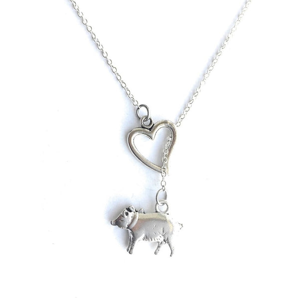 I Love  Pig Silver handmade Lariat Y Necklace.