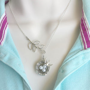 Bird Nest with Eggs Silver Lariat Y Necklace.