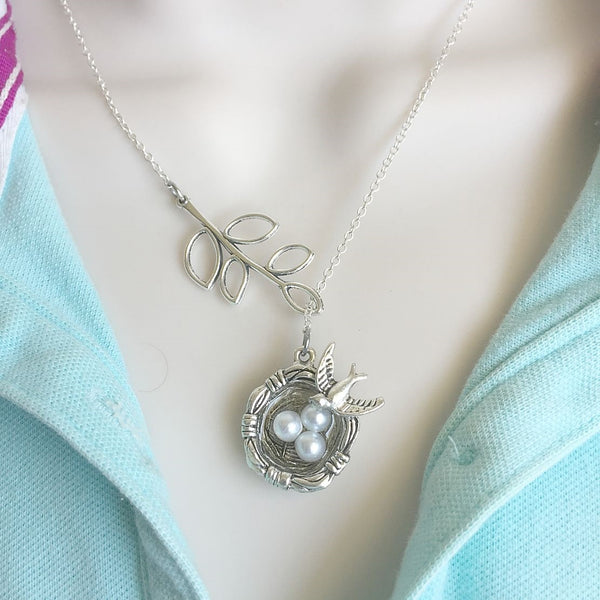 Bird Nest with Eggs Silver Lariat Y Necklace.