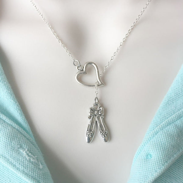 Ballerina  Shoes Charm Silver Lariat Y Necklace.