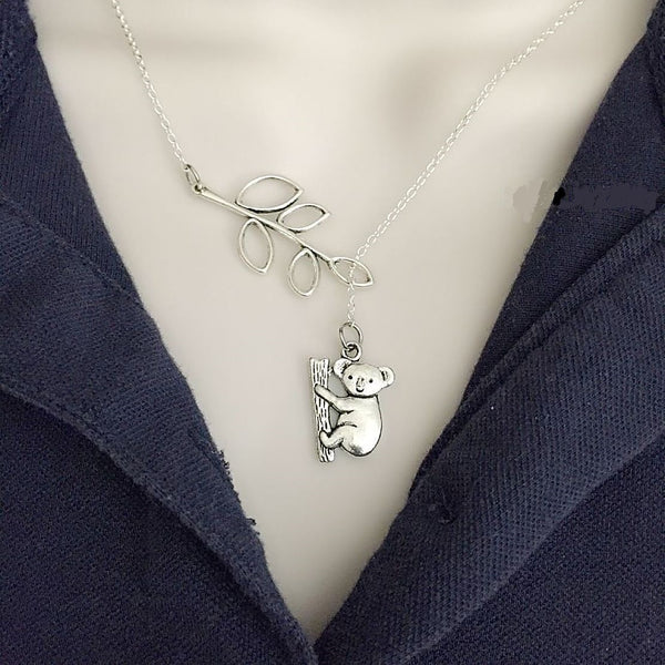 Koala Bear with Branch Silver Lariat Y Necklace.