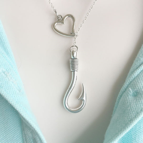 I Love Fishing; Fish Hook Charm Silver Lariat Y Necklace.