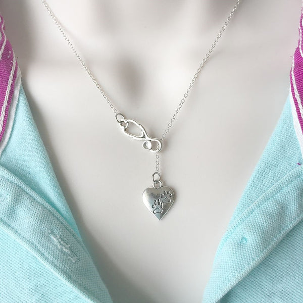 Paw Prints in Heart Necklace Lariat Style. Vet Tech.