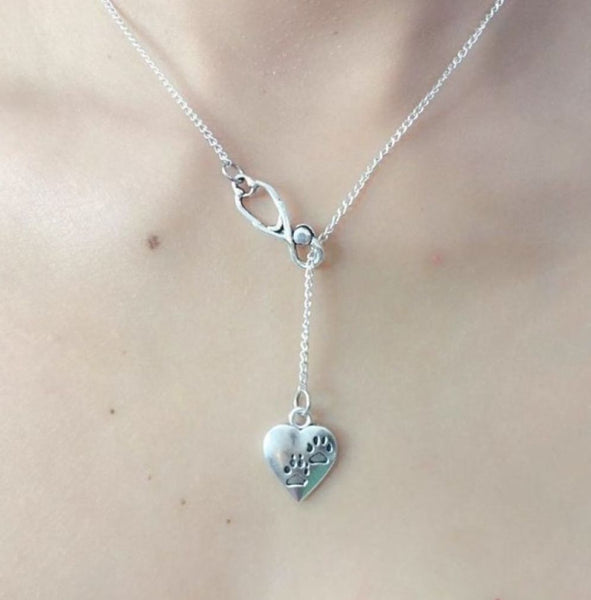 Paw Prints in Heart Necklace Lariat Style. Vet Tech.
