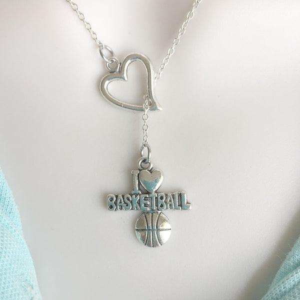 Basketball Fans; I Love Basketball Silver Lariat Y Necklace.