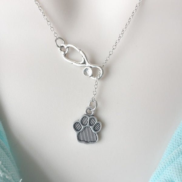 Stethoscope & Paw Print Handcrafted Necklace Lariat Style.