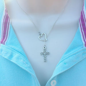 Antique Irish Cross Silver Lariat Y Necklace.