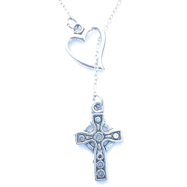 Antique Irish Cross Silver Lariat Y Necklace.