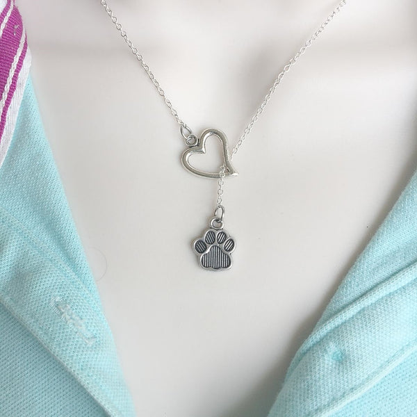 Dog Lovers: Heart and Solid Paw Prints Lariat Style Y Necklace.