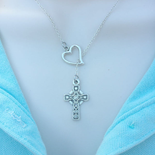 Antique Irish Cross Silver Lariat Y Necklace.