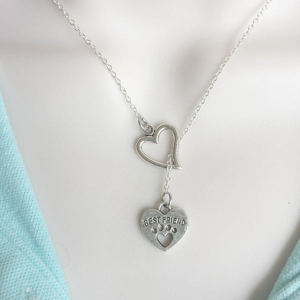 Best Friend Heart with Paw Prints Lariat Style Y Necklace.