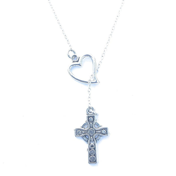 Antique Irish Cross Silver Lariat Y Necklace.