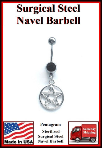 Pentagram Silver Charm Surgical Steel Black Belly Ring.
