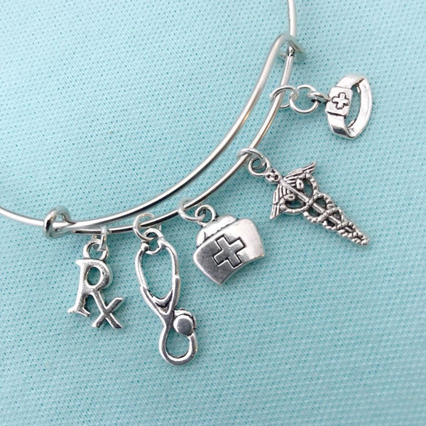 Medical Bracelet : Nurse Cap related Charms Expendable Bangle.