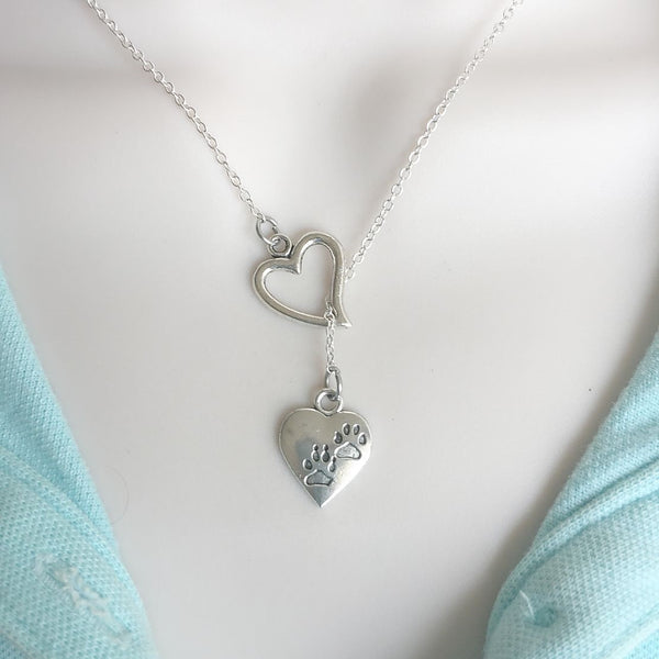 Animal Lovers; Cat and Dog Paw Prints on Heart Lariat Style Y Necklace.