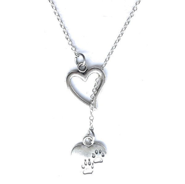 Animal Lovers; Cat and Dog Paw Prints on Heart Lariat Style Y Necklace.