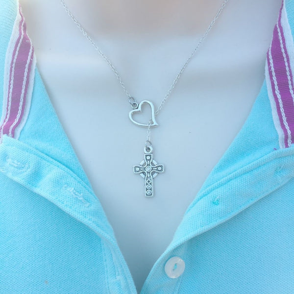 Antique Irish Cross Silver Lariat Y Necklace.