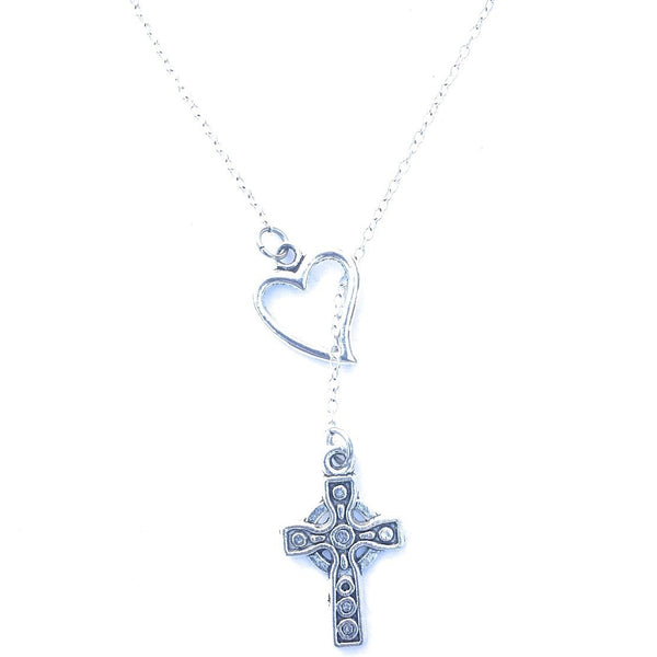 Antique Irish Cross Silver Lariat Y Necklace.