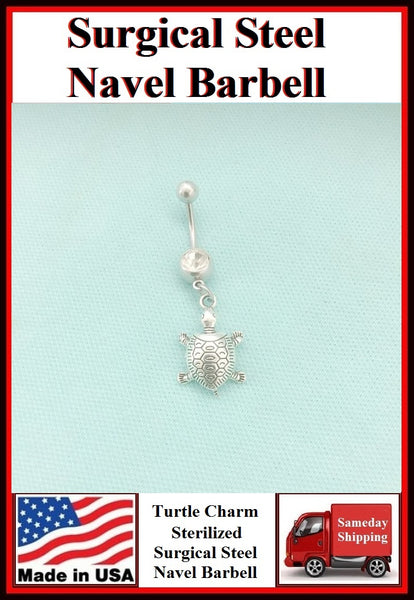 Gorgeous Turtle Silver Charm Surgical Steel Belly Ring.