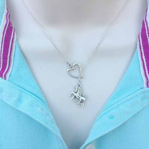 I Love Mystical Unicorn Silver Lariat Y Necklace.