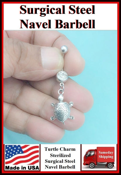 Gorgeous Turtle Silver Charm Surgical Steel Belly Ring.