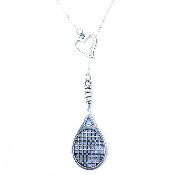 X-Large Tennis Racket Silver Lariat Y Necklace.