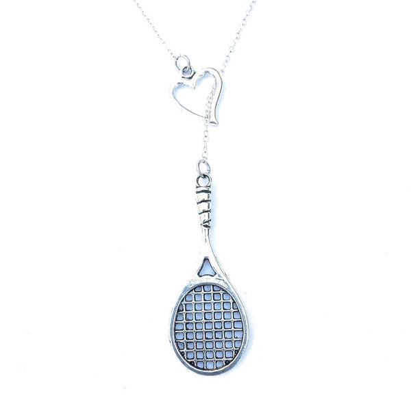 X-Large Tennis Racket Silver Lariat Y Necklace.