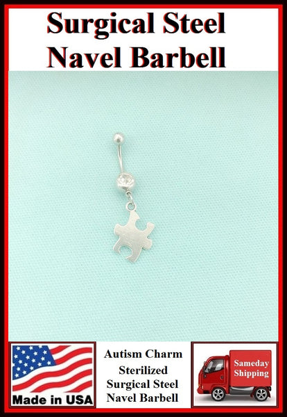 Autism Solid Puzzle Silver Charm Surgical Steel Belly Ring.