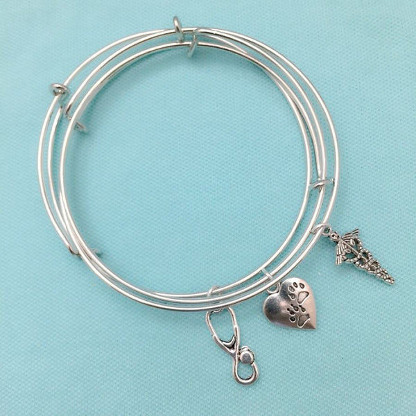Medical Bracelet : 3 Medical Related Charms Expendable Bangles.