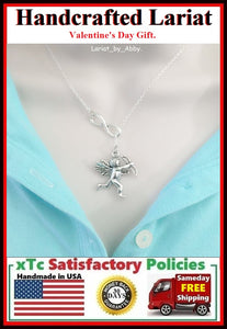 Large Cupid Silver Charm Handcrafted Lariat Necklace.