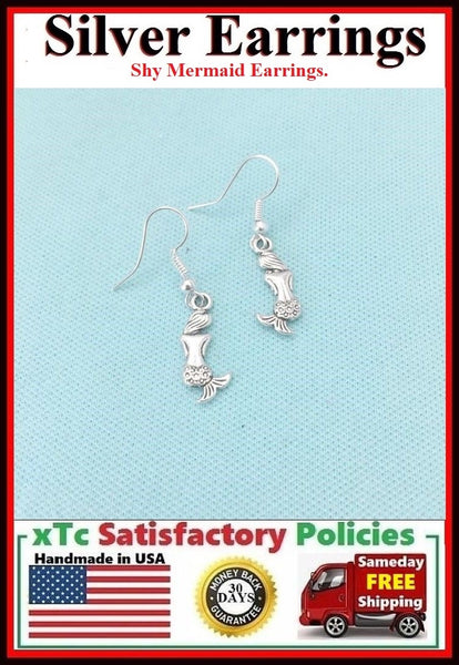 Beautiful SHY MERMAID Silver Charms Dangle Drop Earrings.