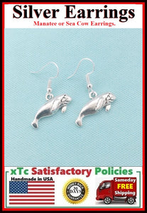 SEA COW or MANATEE Silver Charm Dangle Drop Earrings.