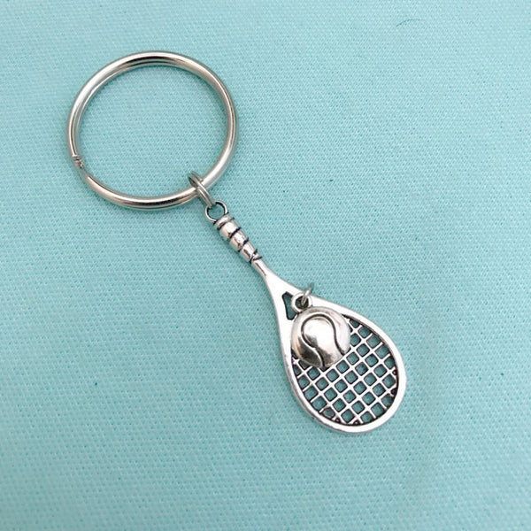 TENNIS ANY ONE; Silver Tennis Racket with Tennis Ball Key Ring.