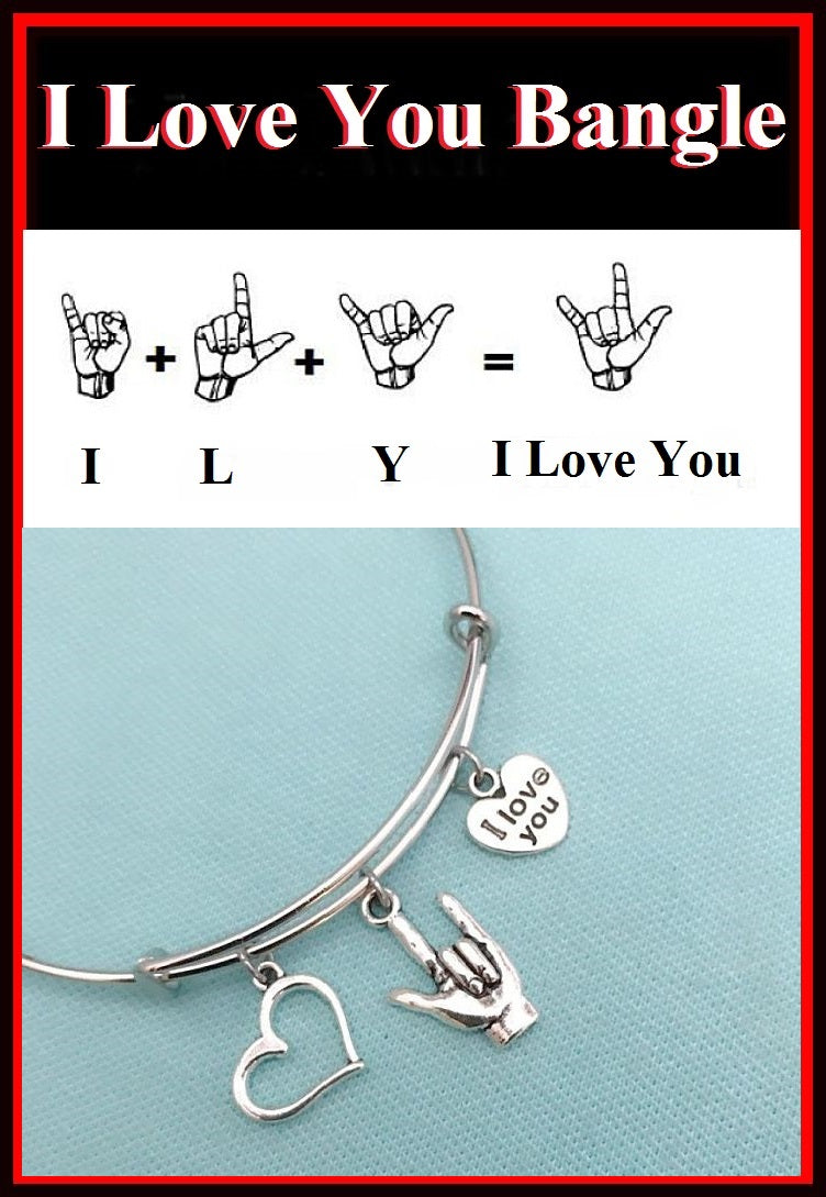 "I Love You" in Sign Language Charms LOVER's Bangle. GF GIFT.