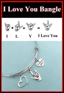 "I Love You" in Sign Language Charms LOVER's Bangle. GF GIFT.