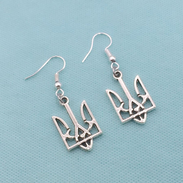 Ukraine TRYZUB TRIDENT (Coat of Arms) Silver Charms Dangle Earrings.