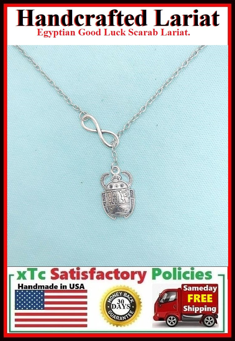Egyptian Good Luck Beetle Handcrafted Necklace Lariat Style.