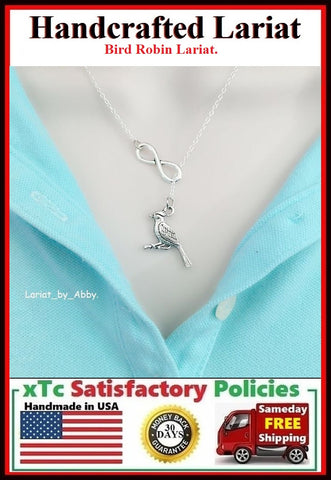 Beautiful Robin Bird Necklace Lariat Style.