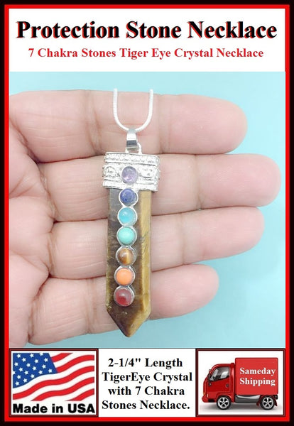 Tiger Eye 2-1/4" Crystal 7 Chakra Stones Necklace to Protect.