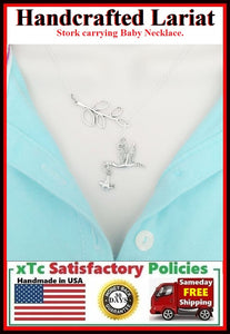 Newly MOM; Stork w Baby Necklace Lariat Style. Pregnancy Gift.