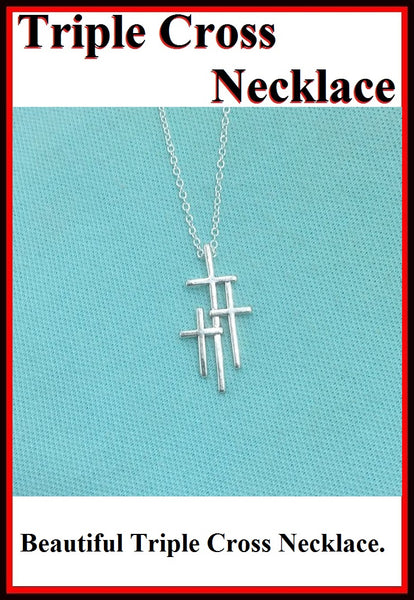 Beautiful Triple Cross Silver Charm 18" Necklace.