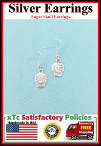 Beautiful SUGAR SKULL Silver Dangle Earrings.