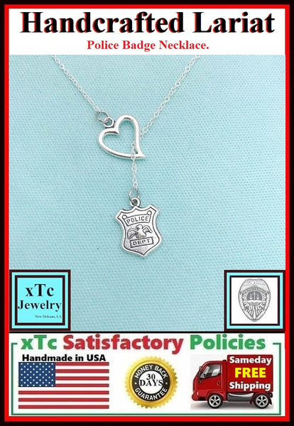 I Love POLICE Dept. Silver Lariat Necklace.