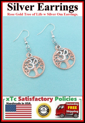 Gorgeous Rose Gold(EP) TREE OF LIFE with Silver OM Dangle ZEN Earrings.