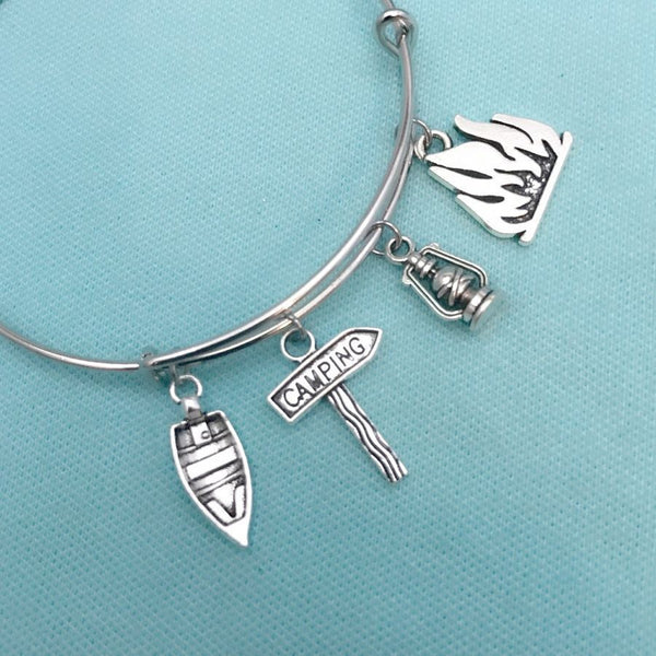 Boat, Hurricane Lamp, Fire & Camping Charms Bangle. Camper Gift.