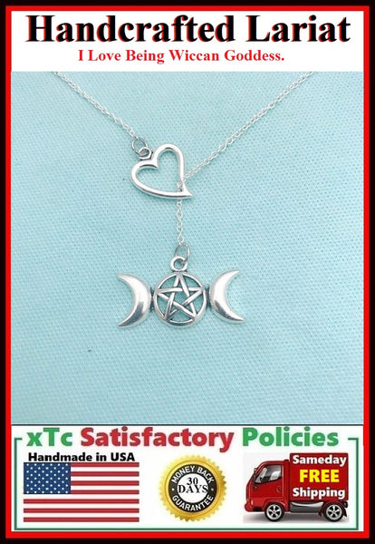 I Heart Triple Moon Pentacle Silver Lariat Y Necklace.