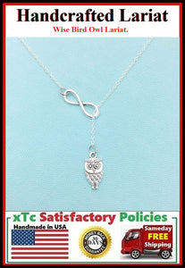 Stunning Small Owl with Infinity Silver Charm "Y" Lariat Necklace. Reader Gift.