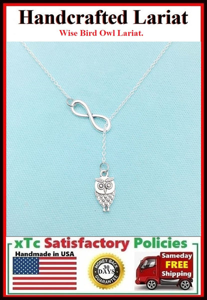 Stunning Small Owl with Infinity Silver Charm "Y" Lariat Necklace. Reader Gift.